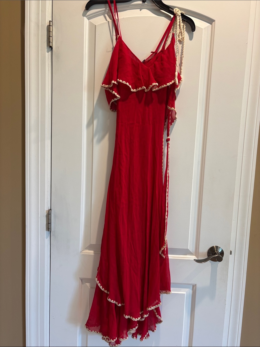 Paola Frani Red Asymmetrical Ruffle Maxi Sheer Slip Dress with Contrast Trim